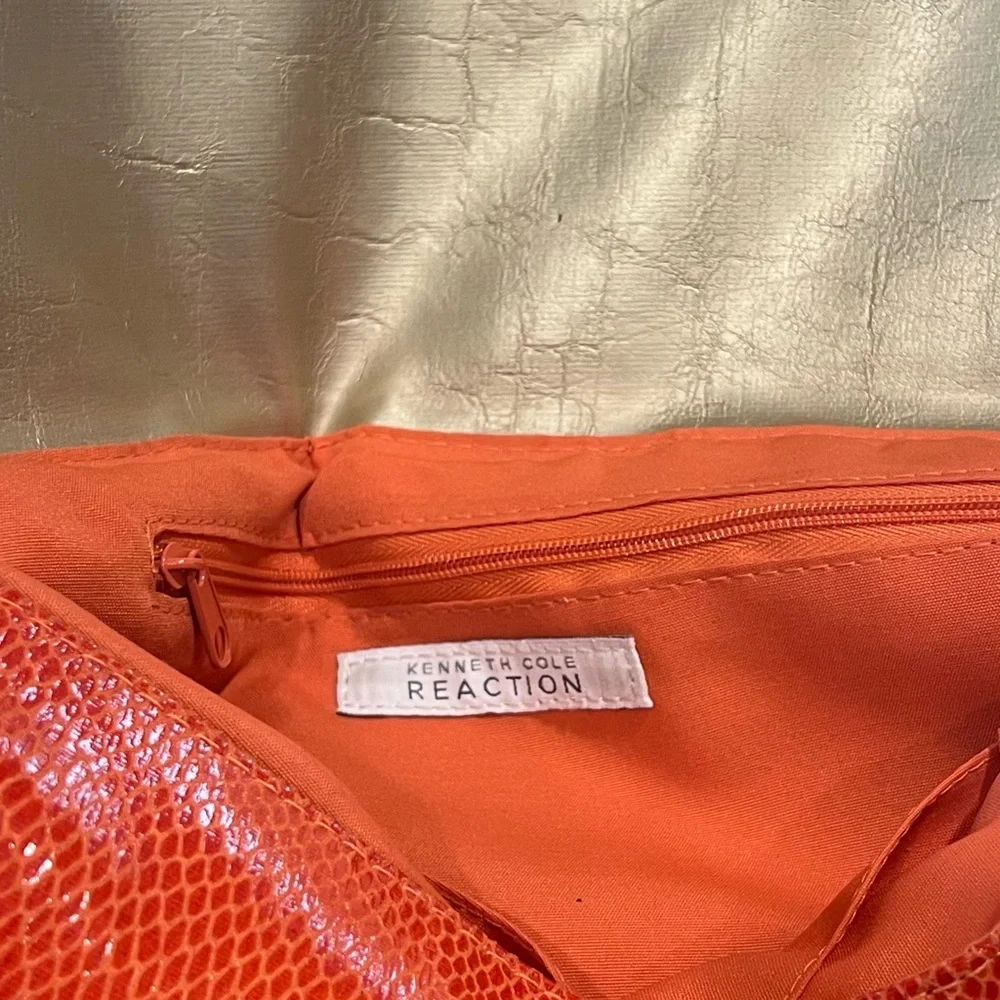 Kenneth Cole Reaction Orange Snakeskin Clutch Bag Gold Trim Metallic Envelope‎